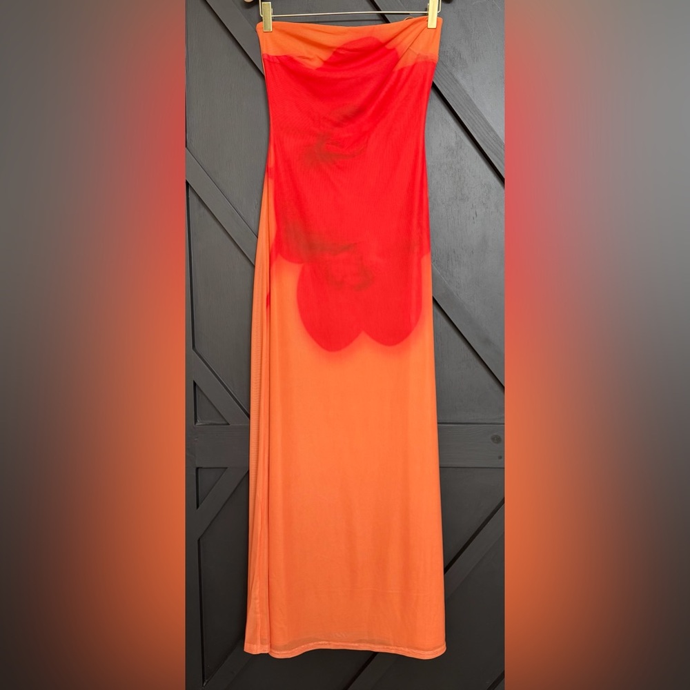 Vici Strapless Orange and Red Ombre Midi Dress - Picture 4 of 7